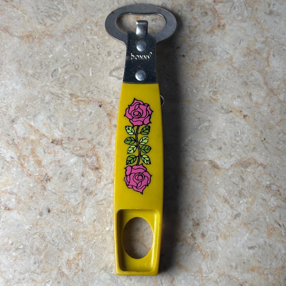 Bonny Bottle Opener Corkscrew OS Yellow Vintage Floral Rose Multi-Tool Retro 6"